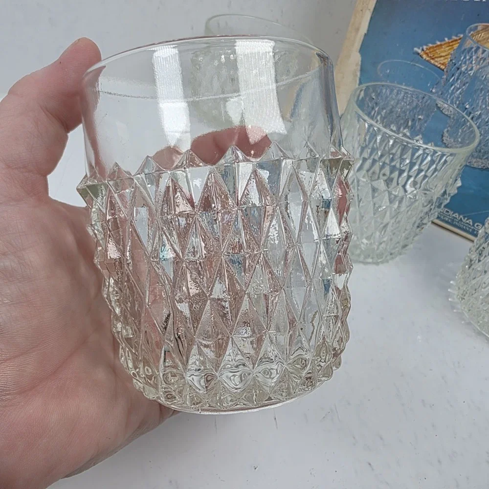 Vtg Indiana Glass Diamond Point Set of 4 Crystal Old Fashioned Rocks Glasses 9oz